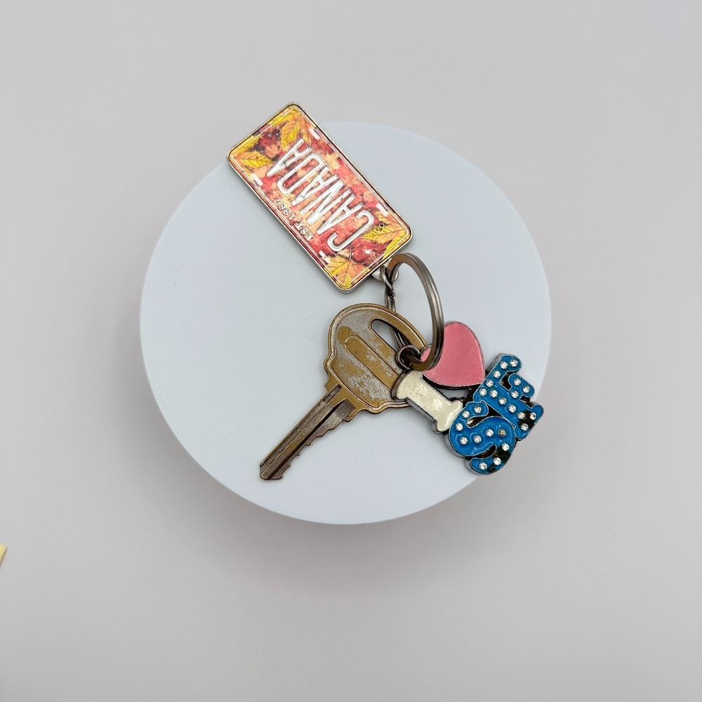 Vintage Y2K Canada License Plate Keychain Set I Love SF Rhinestone Jewelry